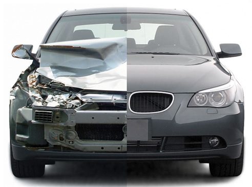 Collision-damaged car beside the same car repaired